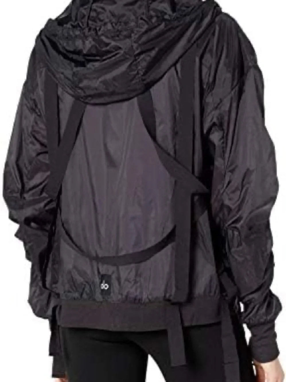 Alo Yoga Sway Jacket Black XL Strap Detail Shine Finish Streetwear Luxe Hooded